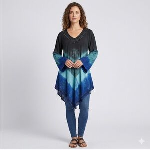 Bohemian Green/Blue Ombre Embellished Women's Tunic Blouse
